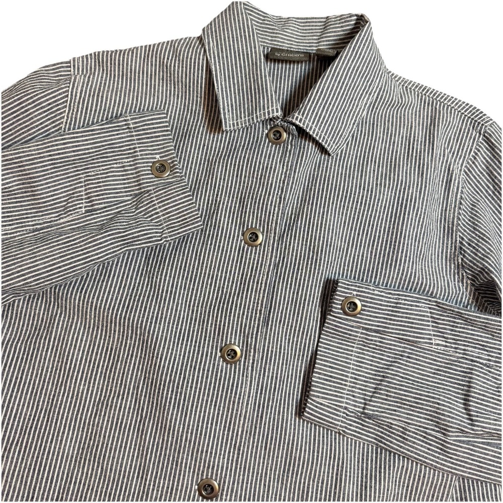 CHICOS Blue & White Pinstriped Jacket Women's Size 1 (L) 12-14 Stretch Button